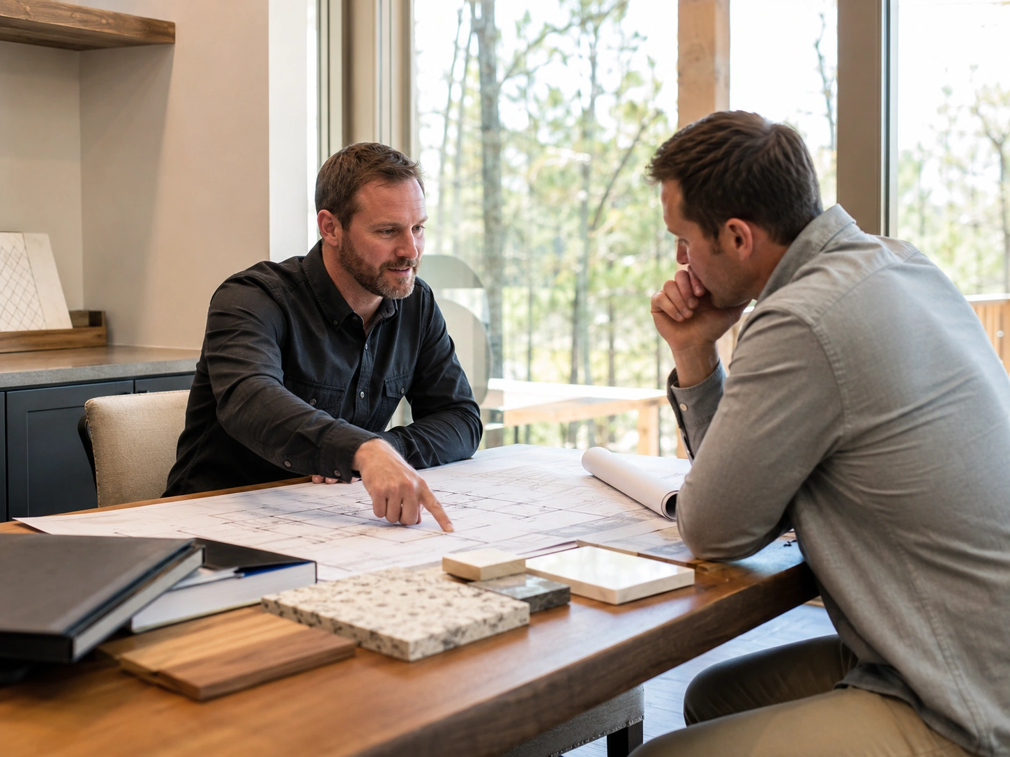 Builder reviewing a custom home construction estimate with a client