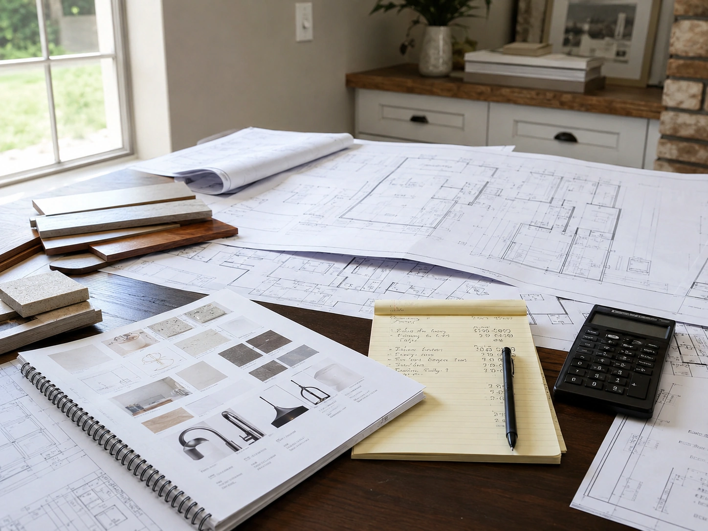 Custom home budget planning documents and construction drawings