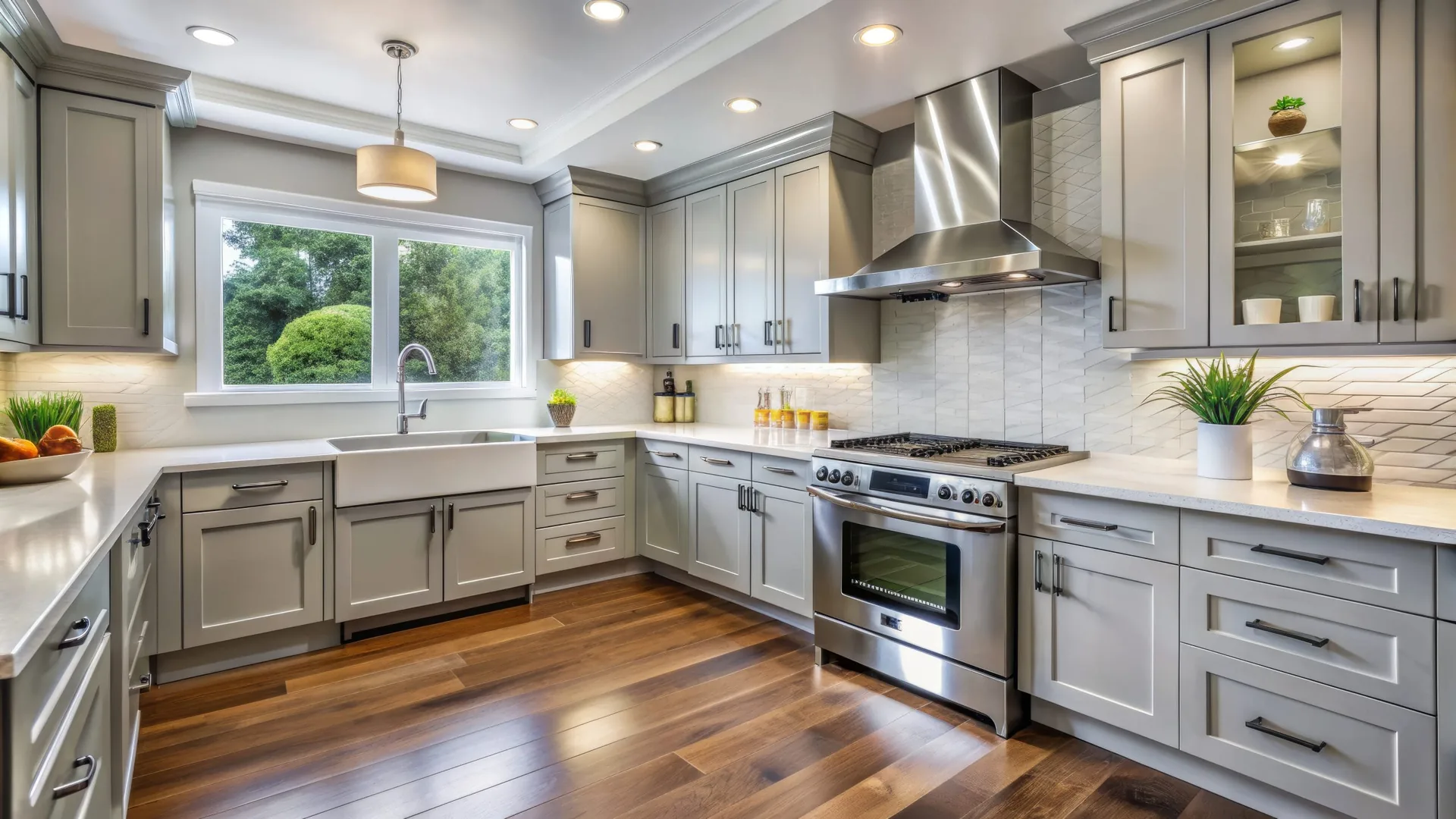 Kitchen with gray shaker cabinets, a farmhouse sink under the window and a stainless range hood